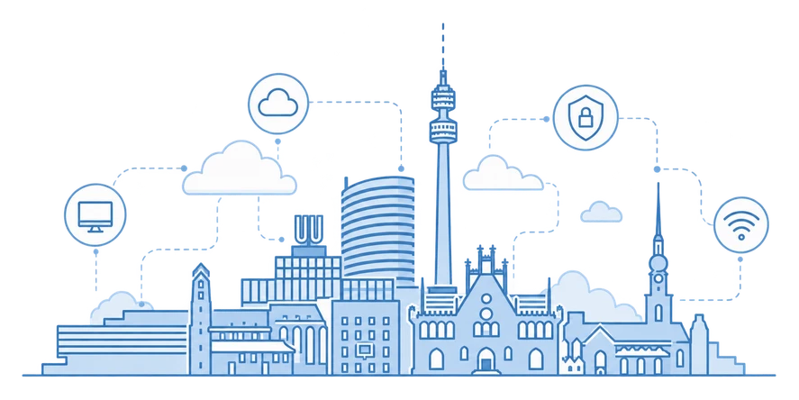 Illustration der Dortmunder Skyline mit vernetzter IT-Infrastruktur